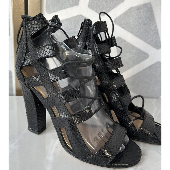 Bcbg Maxazria Sneakskin Leather Ultra High Heels Caged Sandals Italy 37.5 Us 7.5